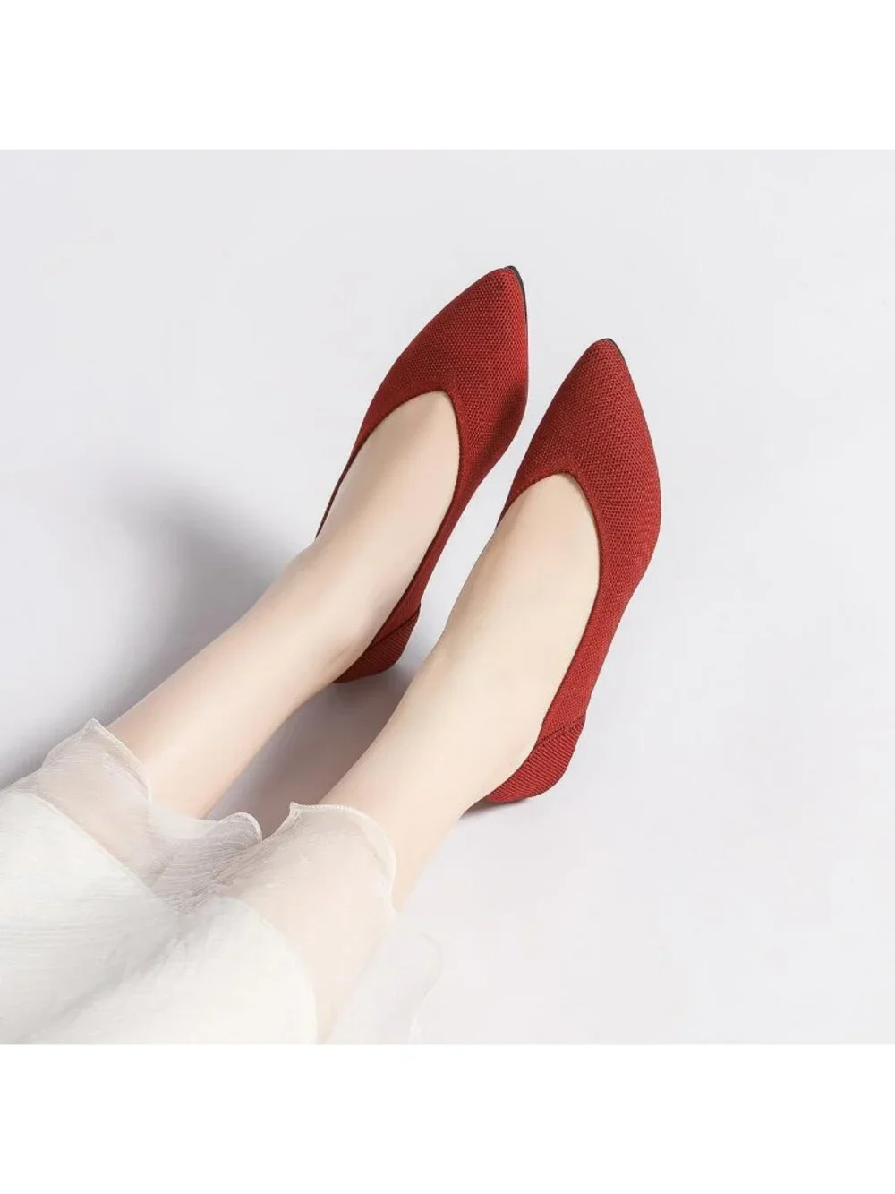 Women's Red Ballet Flats Pointed Toe Comfortable Knit Slip Casual Shoes
